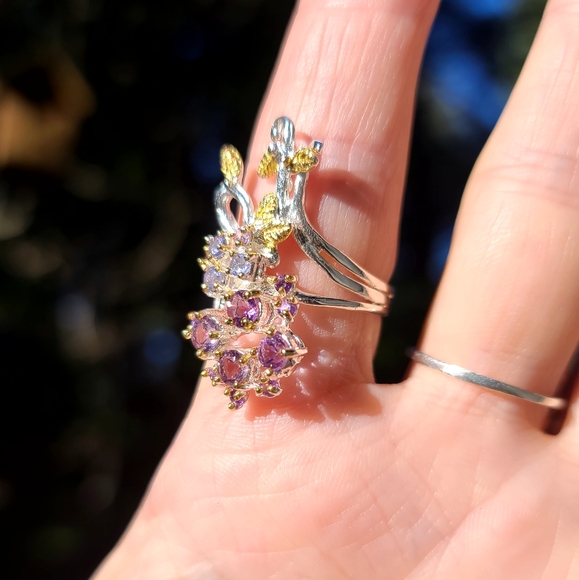 Amethyst & Topaz floral sterling & gold finger cuff sz7.75 - Picture 4 of 12